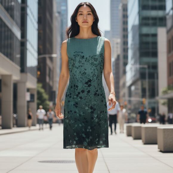 Casual Corner Silk Dress – Teal Sleeveless Sheath with Gradient Floral Print - Picture 9 of 9